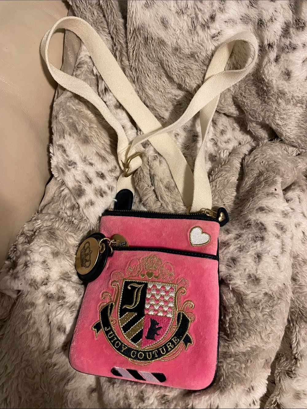 Juicy Couture Pink Velvet Crest Crossbody with Cream Strap